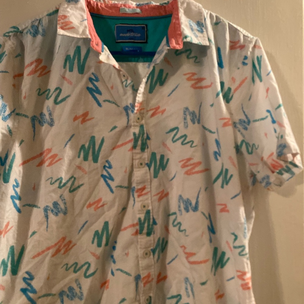 MT White Short-Sleeve Button-Down Shirt with Teal Blue and Coral Scribble Print - Picture 2 of 5